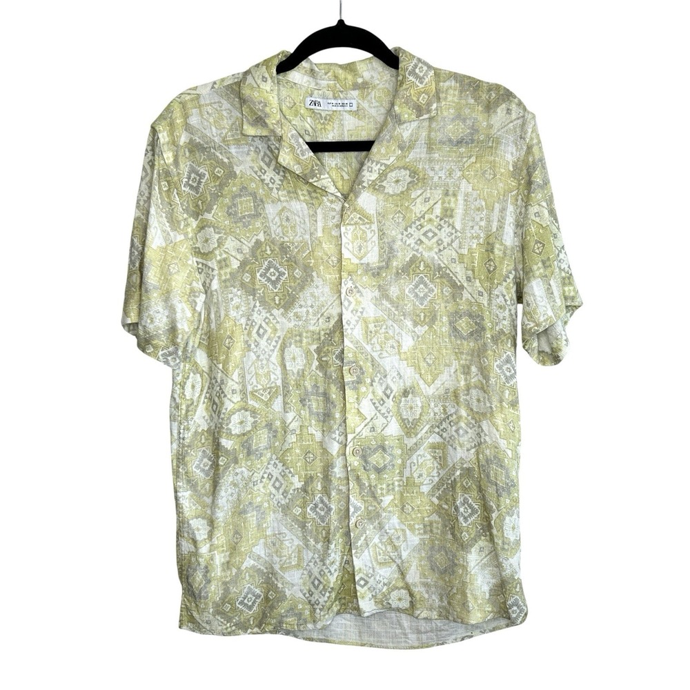 Zara Linen Blend Abstract Button Shirt M Retro Vacation Aztec Short Sleeve Green